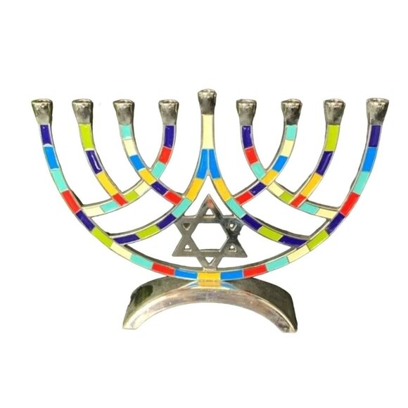 Jewish Hanukkah Metal With Inlaid Multicolored Mosaic Menorah With Star of David - Picture 5 of 7